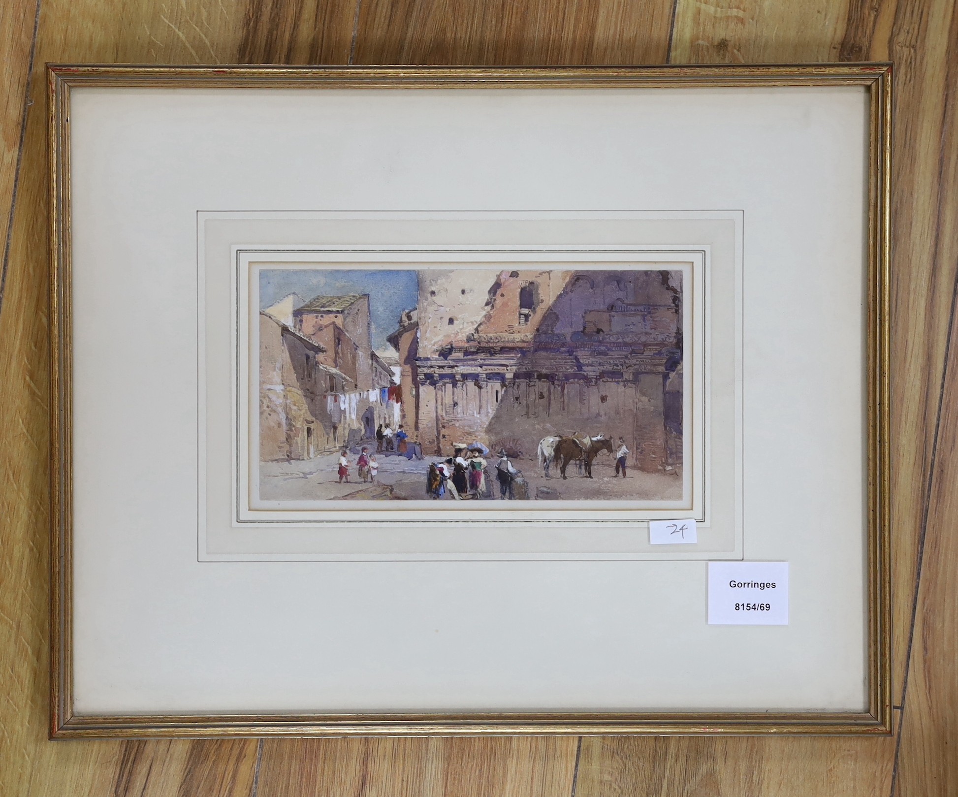 William Leighton Leitch (1804-1883), gouache on card, View of Bocca della Verita, Rome, with figures and horses in foreground, Fine Art Society label verso, 11 x 21cm